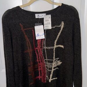 Women's Charcoal Sweater with Red and White Pattern